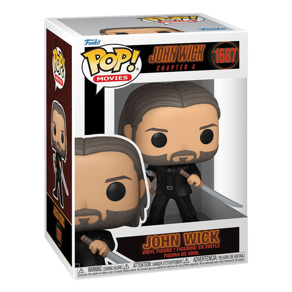 Figurine en vinyle Funko Pop de John Wick dans sa boîte avec une épée.