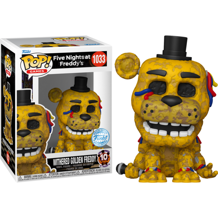 Figura de vinilo Funko Pop de Withered Golden Freddy con su caja y micrófono.