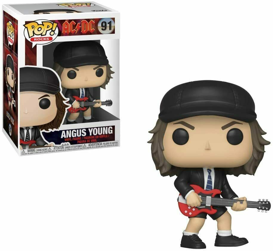 Figura in vinile Angus Young Pop! Rocks in uniforme scolastica con chitarra, accanto alla scatola.