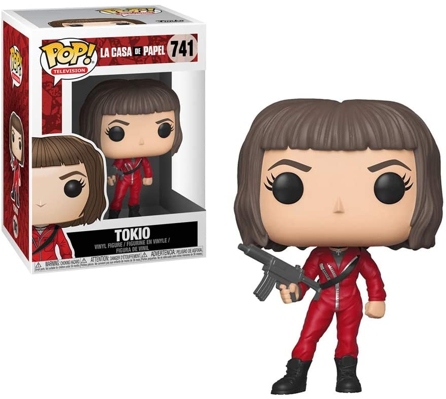 Figure Funko Pop di Tokyo in tuta rossa con pistola, accanto alla confezione.