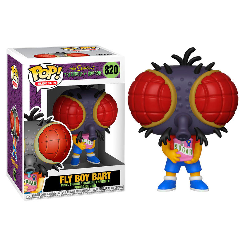 Fly Boy Bart Funko Pop Figur mit großer Fliegenkopfmaske und einer Zuckertüte neben ihrer Verpackung.