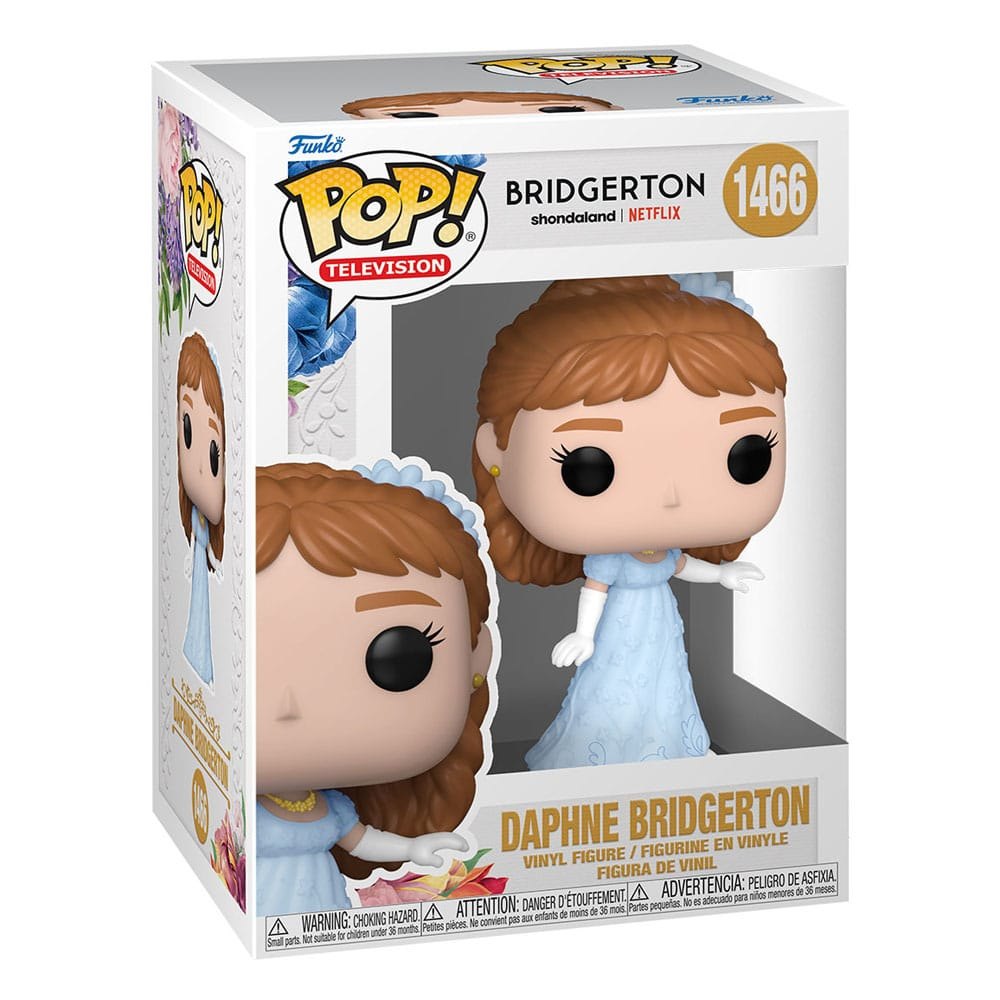 Figurine Funko Pop! de Daphne Bridgerton en robe bleu clair dans une boîte de collection décorée de fleurs.