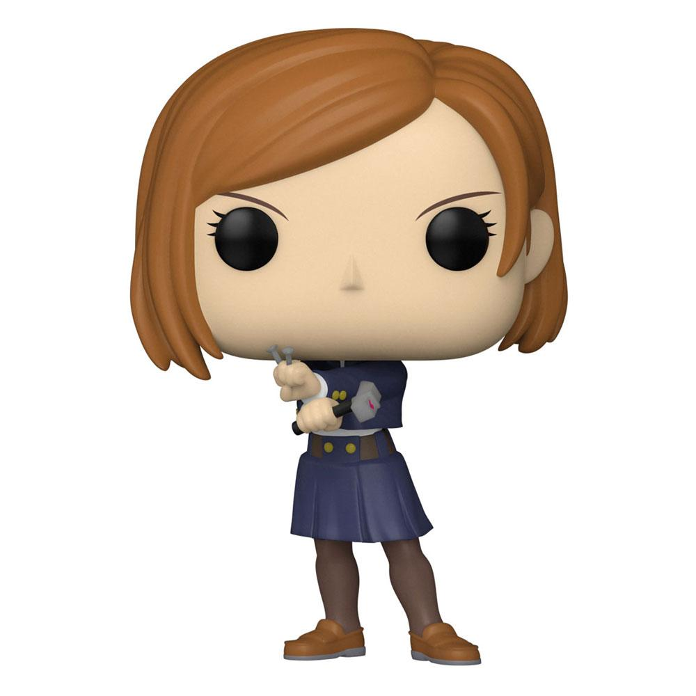 Une figurine Funko Pop aux cheveux chûtains courts, uniforme scolaire bleu, tenant un marteau et des clous.