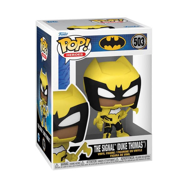Figura de vinilo The Signal de Funko Pop Heroes en caja blanca y amarilla con logo de Batman.