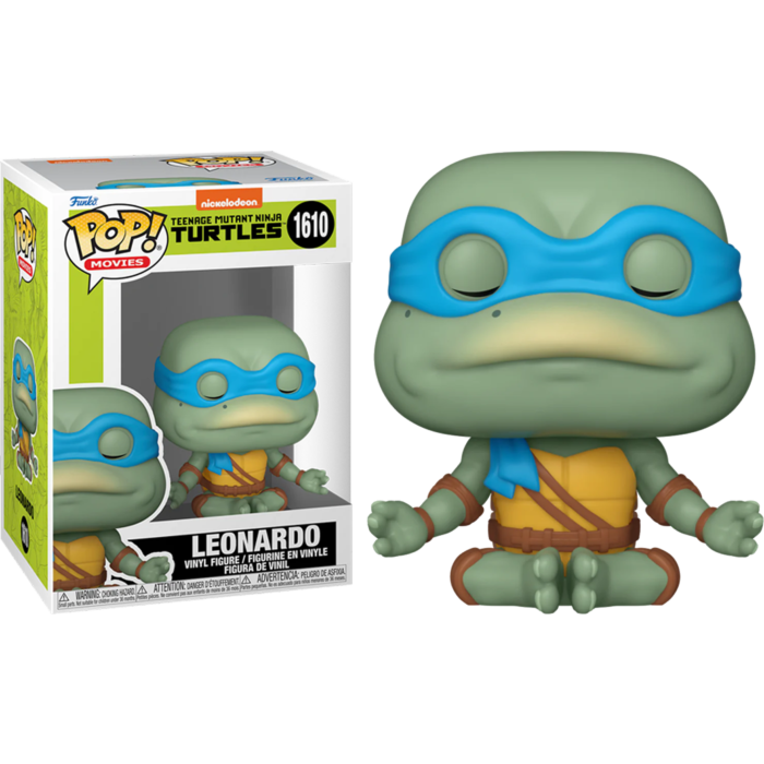 Figura de vinilo Leonardo Pop! de Teenage Mutant Ninja Turtles en postura de meditación, junto a su caja.