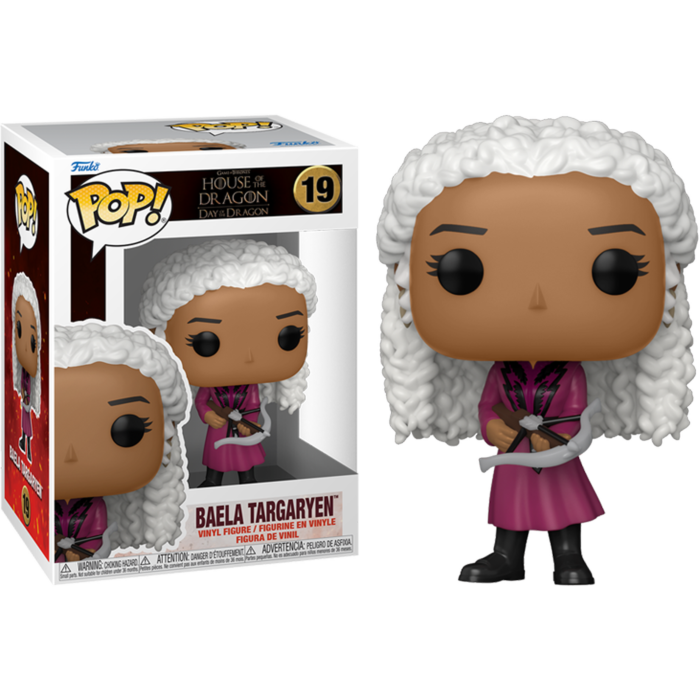 Figurine et boîte Funko Pop de Baela Targaryen avec cheveux blancs, robe rose et arbalète.