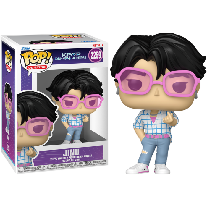 Figura winylowa Funko Pop Jinu w różowych okularach, kraciastej koszuli, niebieskich dżinsach i białych tenisówkach obok pudełka.