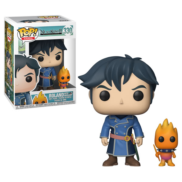 Roland Funko Pop Figur mit blauer Uniform und kleiner Feuerfigur daneben, links im Karton.