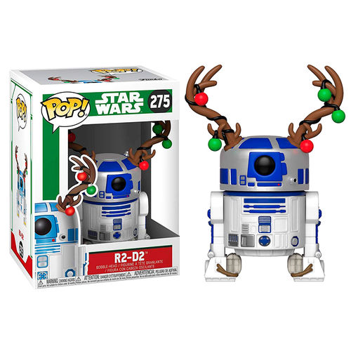 Star Wars R2-D2 Funko Pop Figur mit Rentiergeweih und Lichtern, daneben die Verpackung.