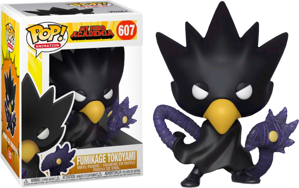 Figura winylowa Funko Pop Fumikage Tokoyami z pudełkiem, przedstawiając postać z głową ptaka w czarnej pelerynie.