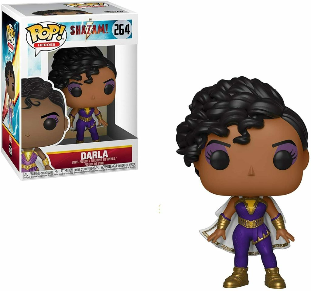 Figura de vinilo Funko Pop de Darla en traje morado y dorado con capa blanca, junto a su caja.