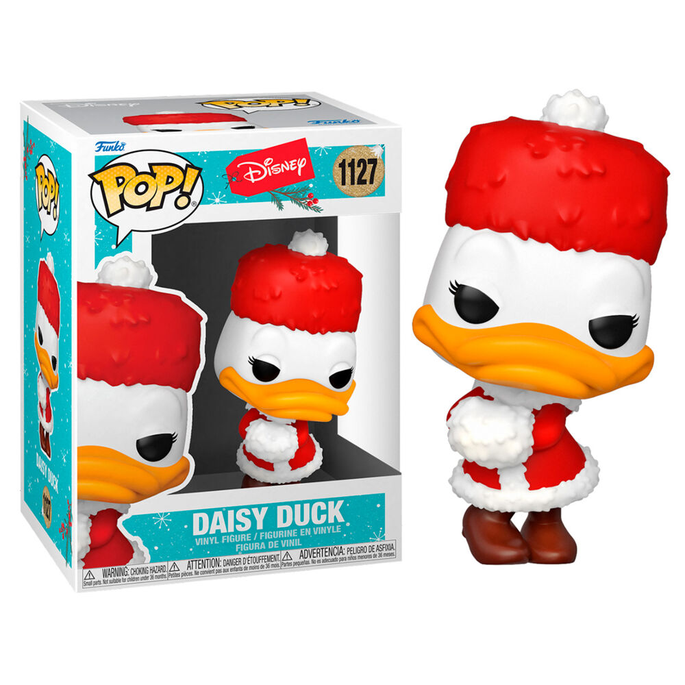 Figura in vinile Funko Pop di Daisy Duck in abito natalizio accanto alla confezione.