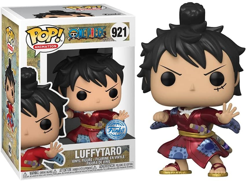 Winylowa figurka Funko Pop Luffytaro z czarnym kokiem, czerwonym kimonem i blizną pod okiem.