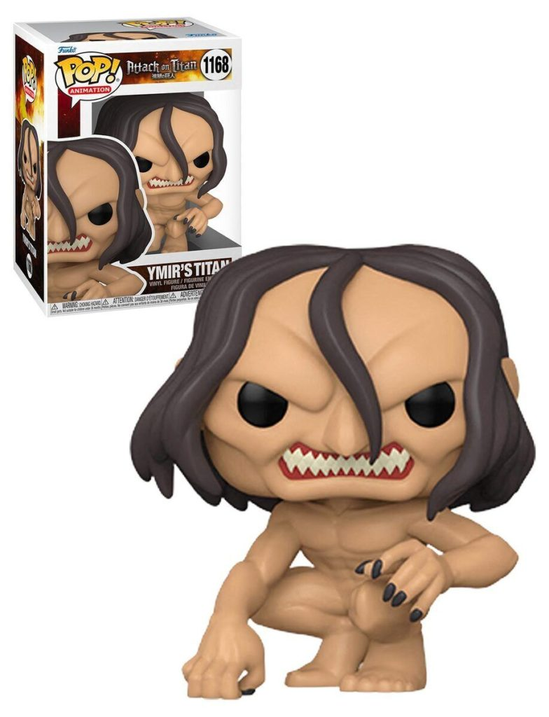 Figurine Funko Pop du Titan d'Ymir d'Attack on Titan accroupi avec des cheveux bruns et des dents pointues.