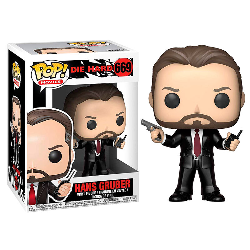 Funko Pop Hans Gruber Vinyl-Figur im Anzug mit Pistole und Walkie-Talkie neben der beschrifteten Verpackung.