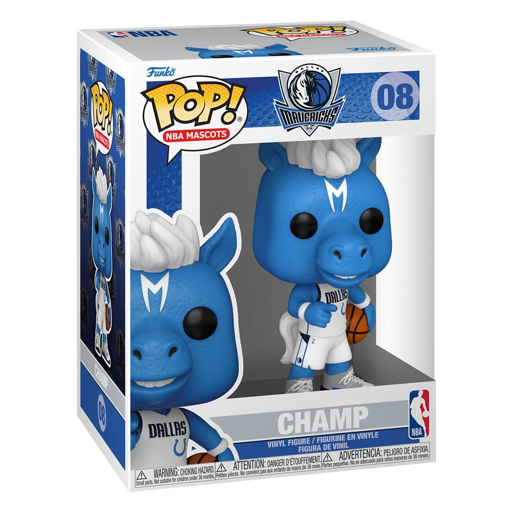 Funko Pop NBA Maskottchen Figur von Champ dem Dallas Mavericks Pferd in einer blauen Box.