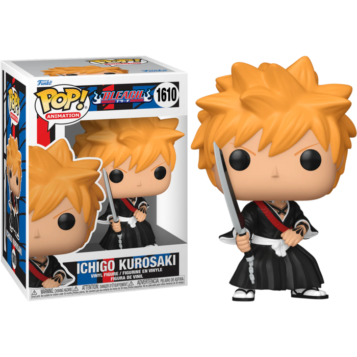 Ichigo Kurosaki Funko Pop Figur mit einem Schwert neben der Verpackungsbox.