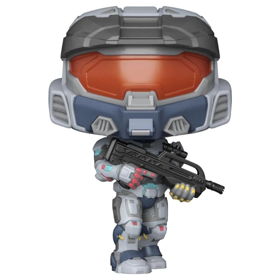 Eine graue und blaue Funko-Pop-Figur eines Halo-Soldaten mit einem schwarzen Sturmgewehr und orangeem Visier.