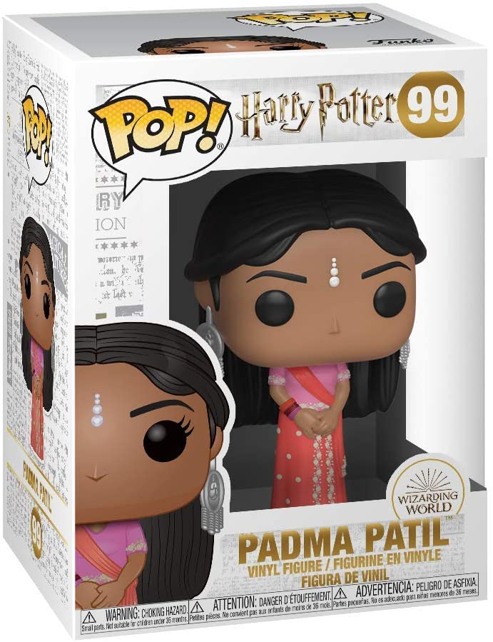 Eine Harry Potter Padma Patil Funko Pop Figur in ihrer Box mit rosa Sari und schwarzem Haar.