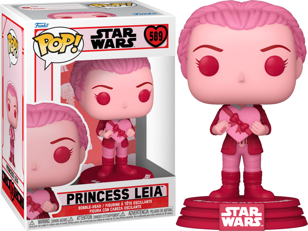 Figura Funko Pop de la Princesa Leia en rosa, sosteniendo una caja de regalo de corazón en una base de Star Wars.
