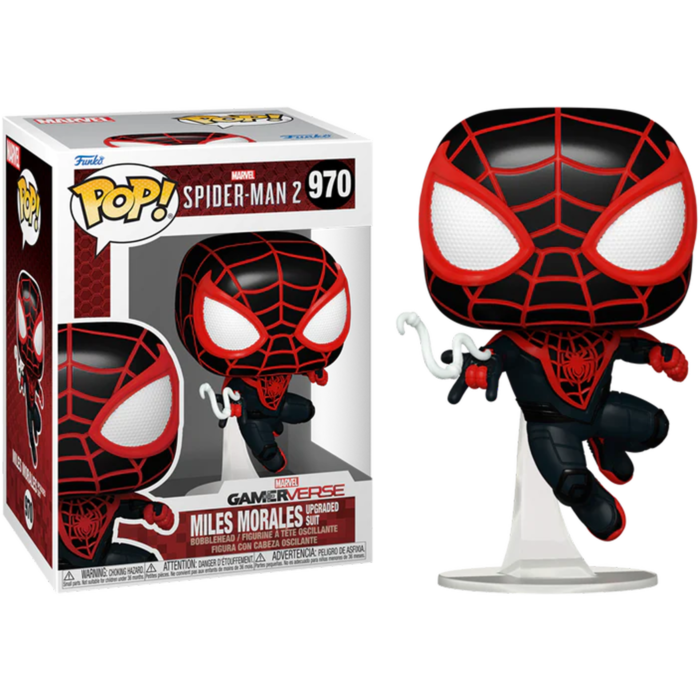 Funko Pop Figur von Miles Morales in Upgraded Suit neben Verpackung.
