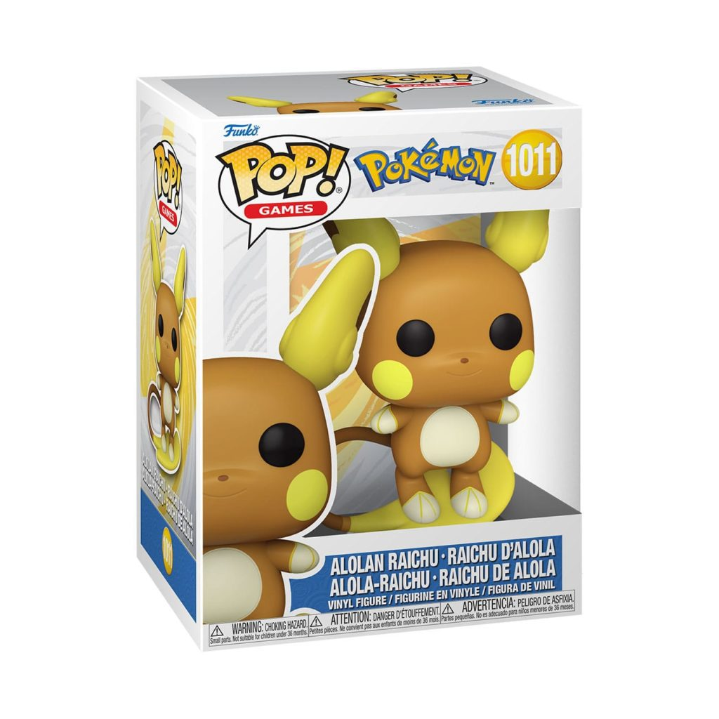 Eine Funko Pop Figur von Alola-Raichu in einer Sammlerbox mit Pokemon-Design.