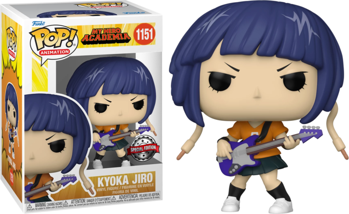 Figura Funko Pop de Kyoka Jiro de My Hero Academia, con bajo morado, y su caja a la izquierda.