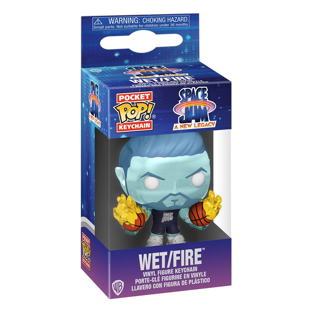 Space Jam Wet/Fire Funko Pop Schlüsselanhänger in blauer Box mit rotem Schriftzug und Warnhinweis.