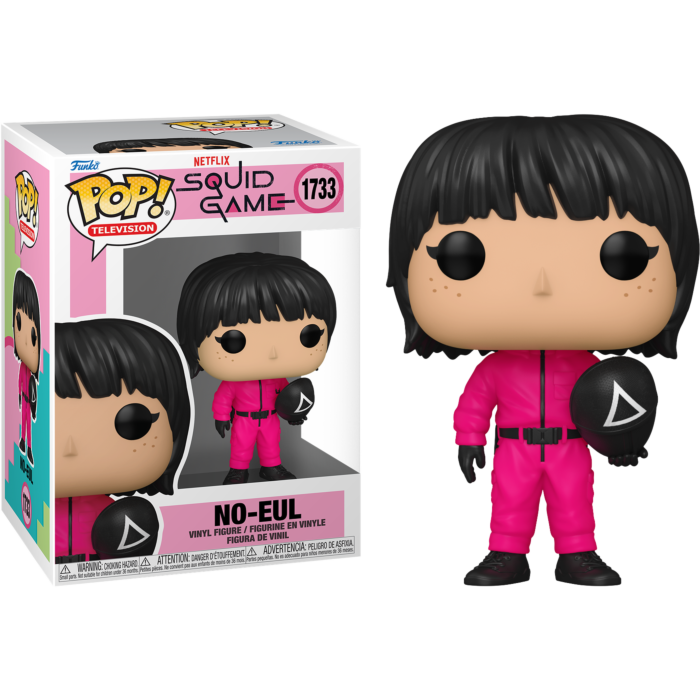 Figura Funko Pop de No-Eul de Squid Game con mono rosa y máscara negra con triángulo junto a su caja.