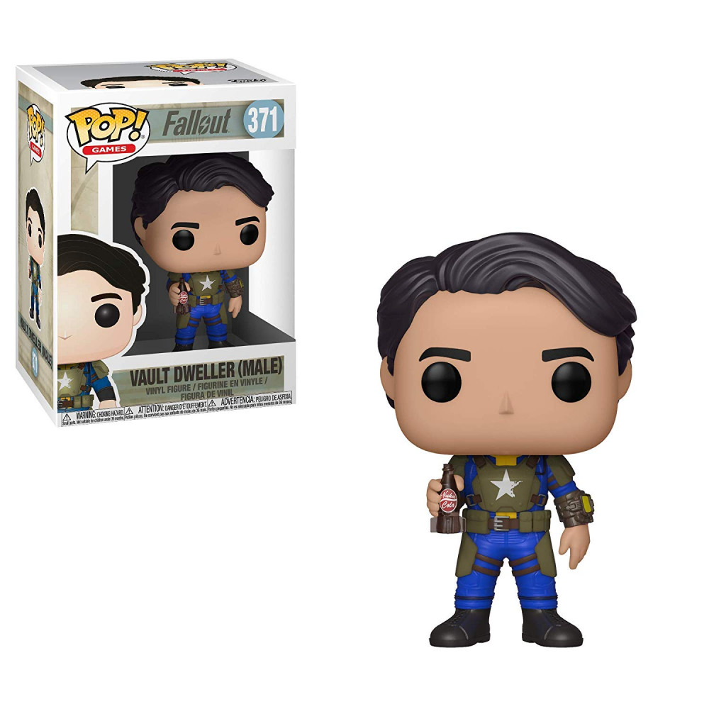 Eine Fallout Vault Dweller (Male) Funko Pop Figur mit Nuka-Cola Flasche neben ihrer Originalverpackung.