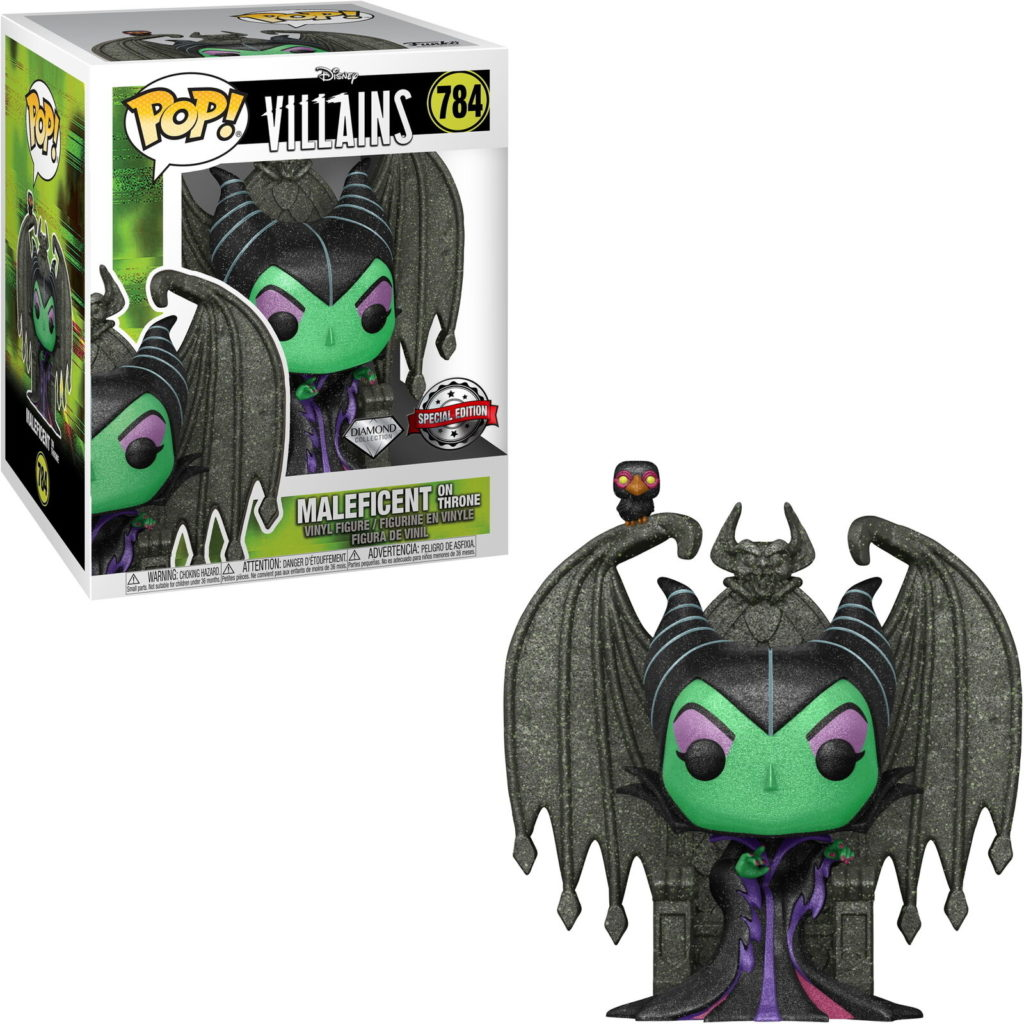 Figura in vinile Pop! di Malefica su un trono di pietra con un corvo, accanto alla scatola.