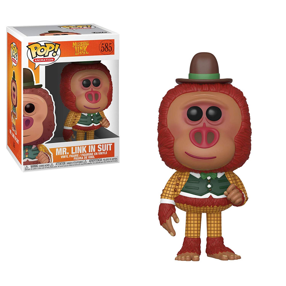 Eine Mr. Link in Suit Funko Pop Vinyl Figur steht neben ihrer Verpackung, ein zotteliges rotes Wesen in braunem Hut.