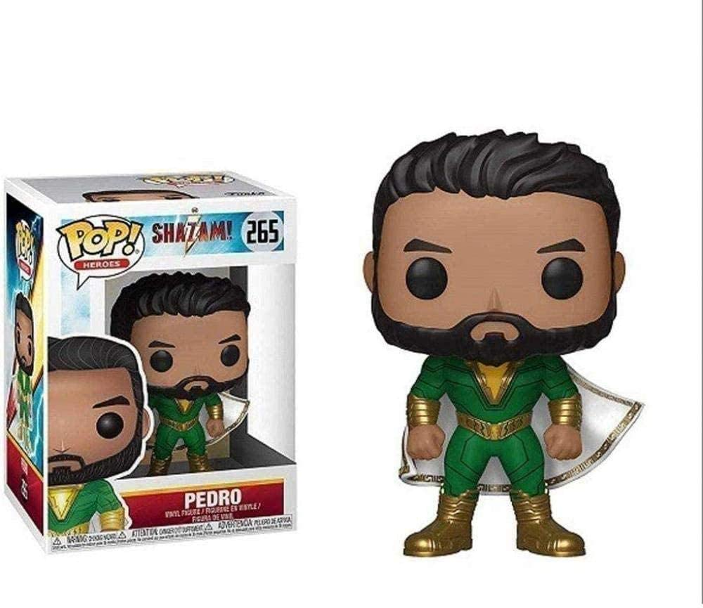 Pedro Shazam Funko Pop Figur mit grüner Rüstung, weißem Umhang und Bart neben seiner Box.