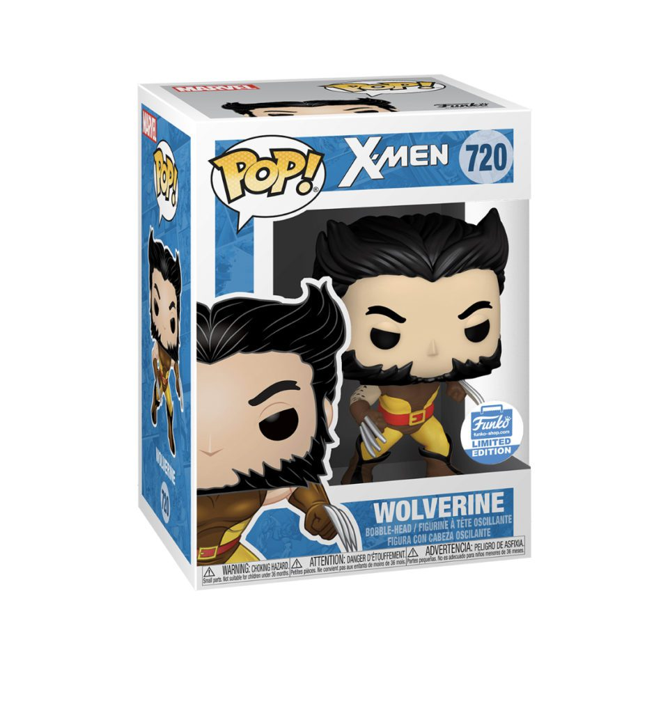 Eine Funko Pop Figur von Wolverine im blau-gelben Kostüm, präsentiert in einer Sammlerbox mit X-Men Logo.