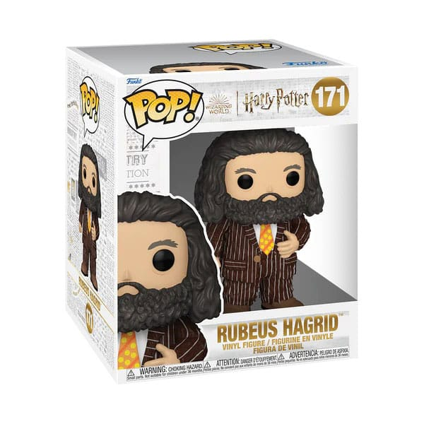 Eine Funko Pop Box für Rubeus Hagrid aus Harry Potter mit der Vinylfigur in braunem Nadelstreifenanzug.