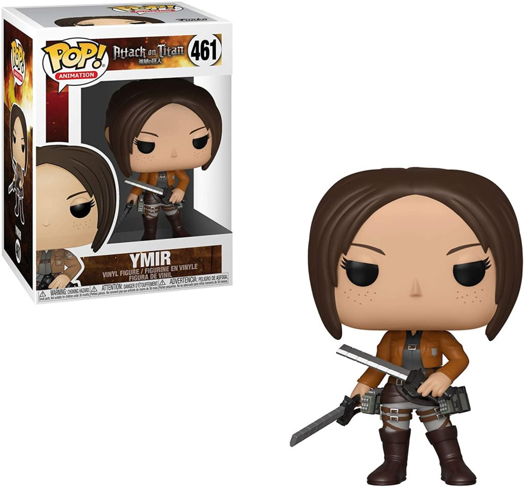 Funko Pop Ymir Vinyl-Figur aus Attack on Titan, mit einem Schwert in und vor der Verpackung.