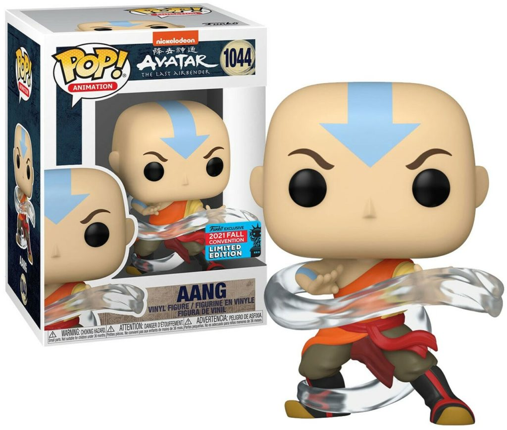 Aang Funko Pop Figur und Verpackung, zeigt Aang mit blauem Pfeil und Wasserbändigung.