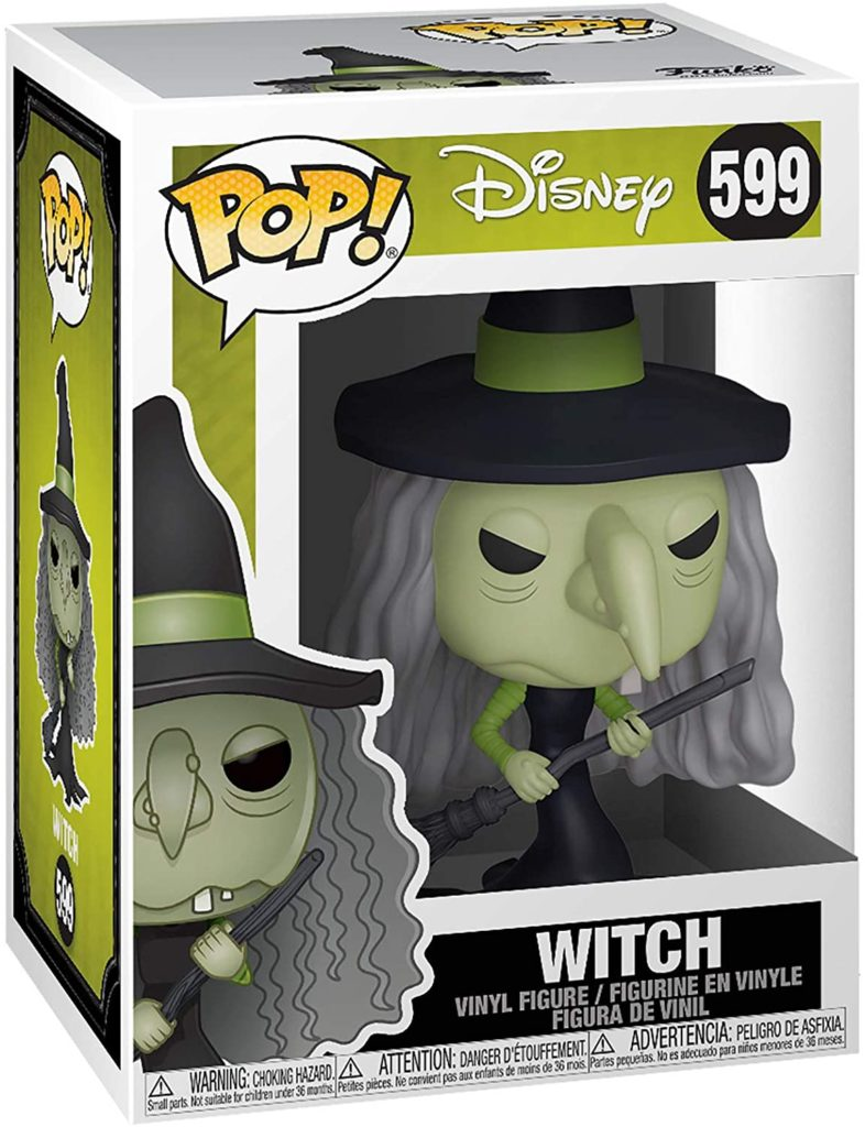 Disney Funko Pop Hexe Figur Nr. 599 mit grünem Gesicht, spitzer Nase und Besen in der Verpackung.