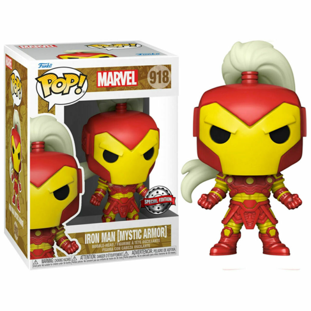 Action figure Funko Pop Iron Man Mystic Armor con armatura rossa e gialla.