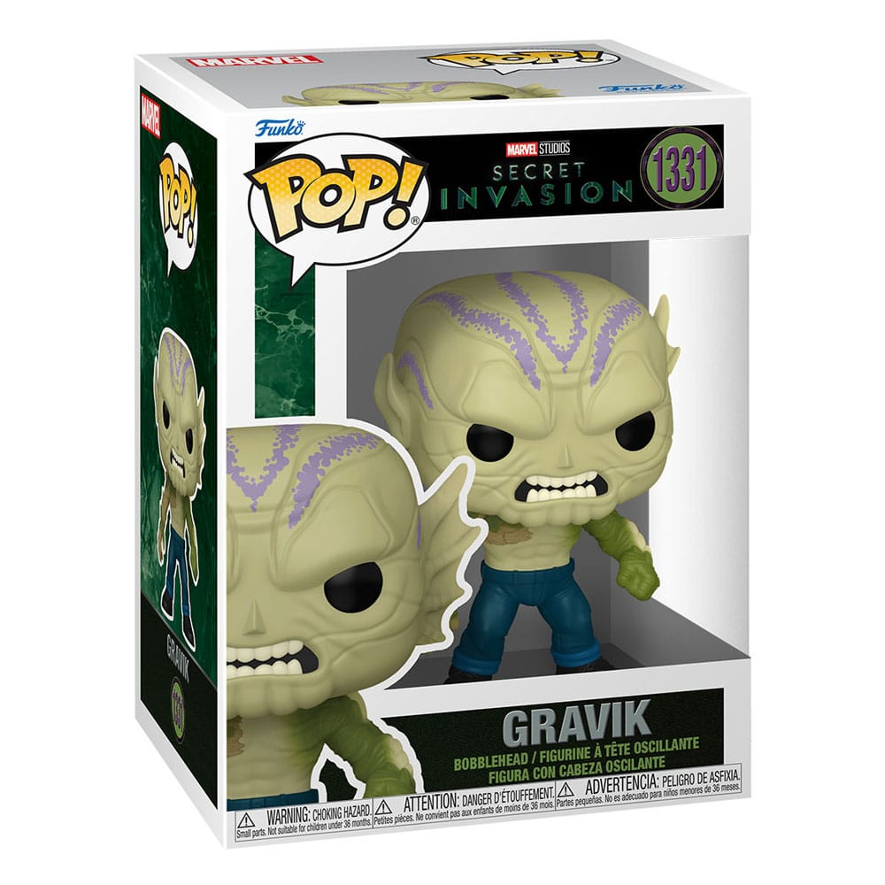 Figura Gravik Funko Pop dentro de una caja de coleccionista con marca de Marvel Secret Invasion.