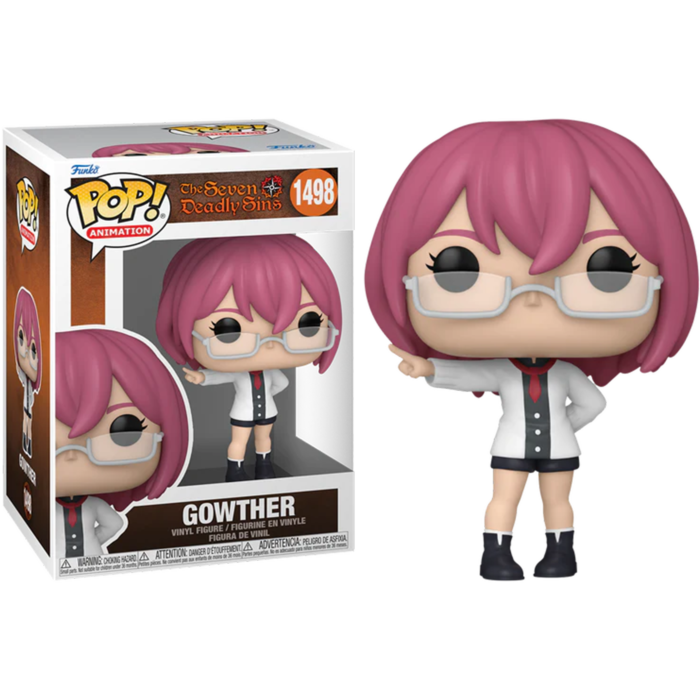 Figura Funko Pop de Gowther de The Seven Deadly Sins, con cabello rosado, gafas y abrigo blanco.
