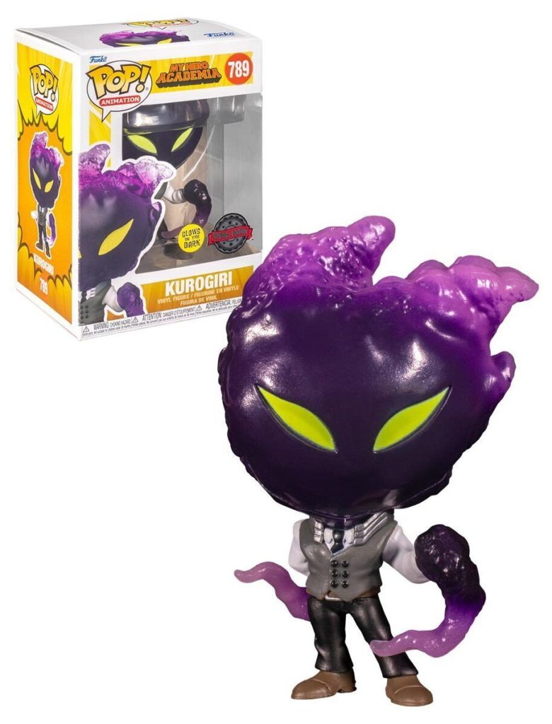 Figura Funko Pop de Kurogiri con cabeza morada nebulosa, ojos amarillos y traje, junto a su caja original.