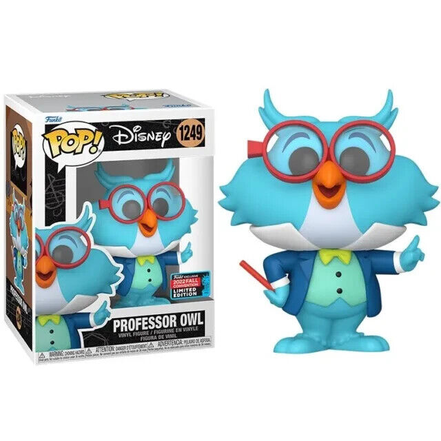 Professor Owl Funko Pop Figur mit Brille, blauem Anzug und gelber Fliege neben ihrer Box.