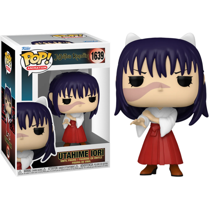 Figura Funko Pop de Utahime Iori con top blanco y falda roja, junto a su caja.