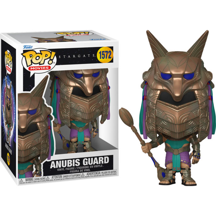 Figura Funko Pop de Anubis Guard con un bastón junto a su caja sobre fondo negro.