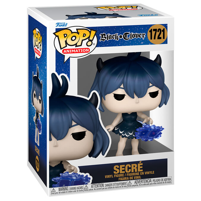 Figurka Funko Pop Secré z Black Clover z niebieskimi wlosami i rogami w kolorowym pudelku.