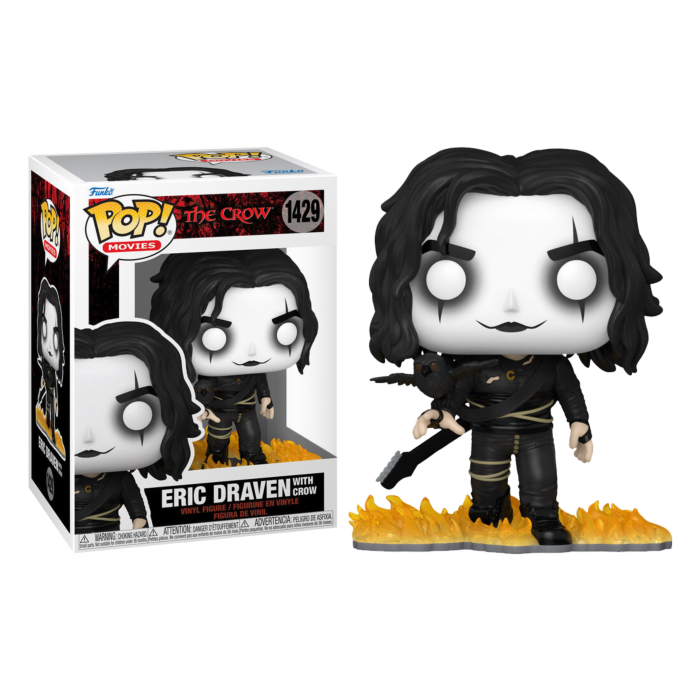 Eric Draven Funko Pop Figur mit Krähe und Flammenbasis neben seiner Verpackung.
