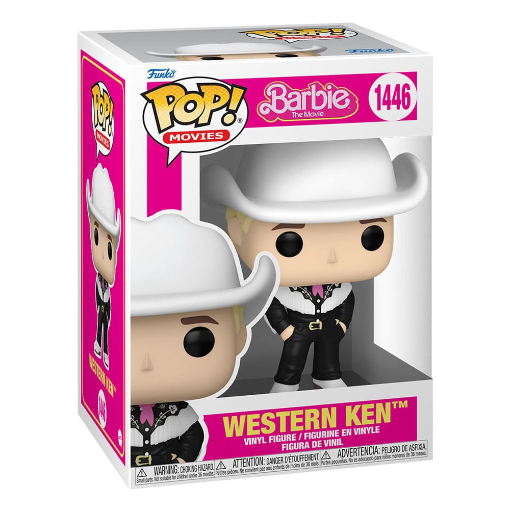 Figura de vinilo Funko Pop Western Ken en una caja de Barbie rosa y blanca.