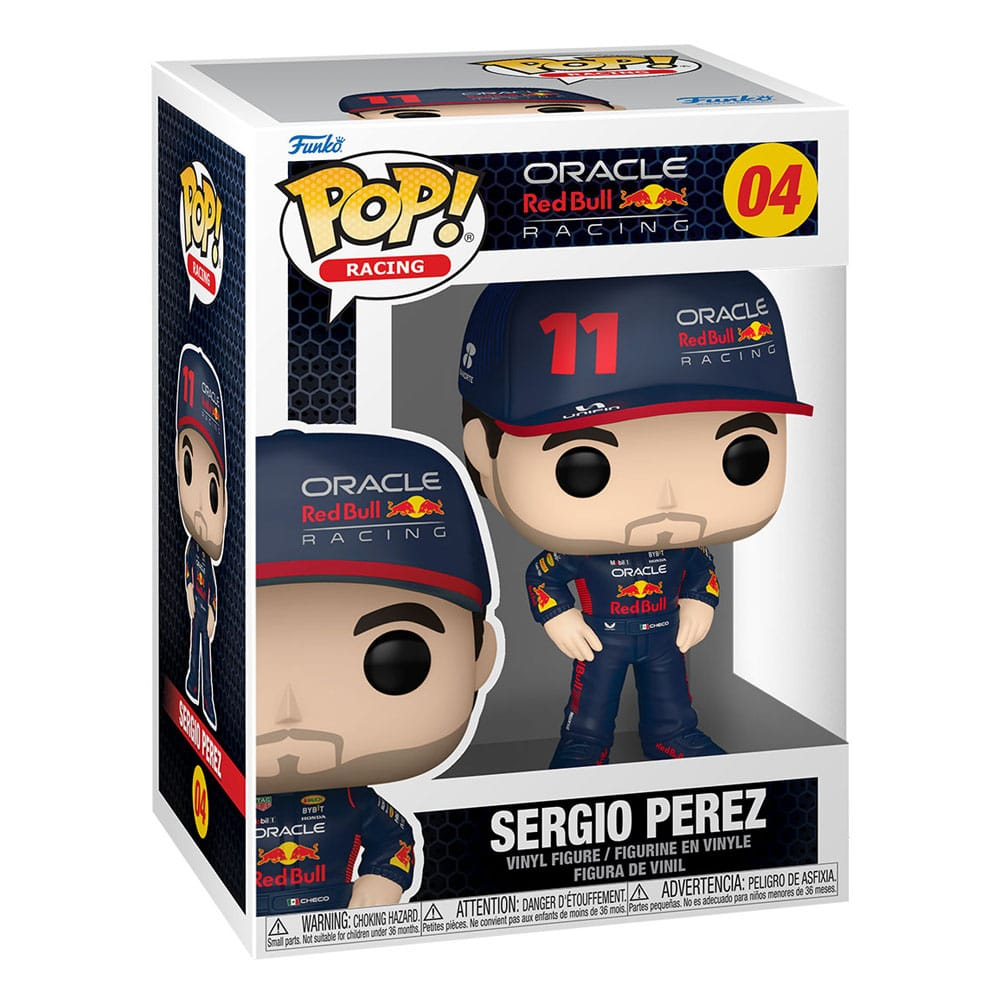 Funko Pop! Racing Figur von Sergio Perez im Oracle Red Bull Racing Rennanzug in der Verpackung.