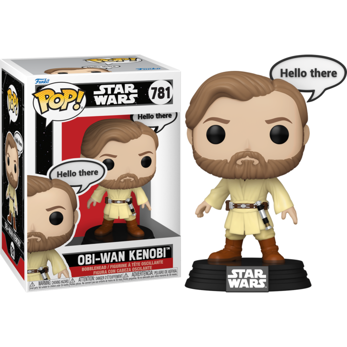 Star Wars Obi-Wan Kenobi Funko Pop Figur mit Verpackung und 'Hello there'-Sprechblase.